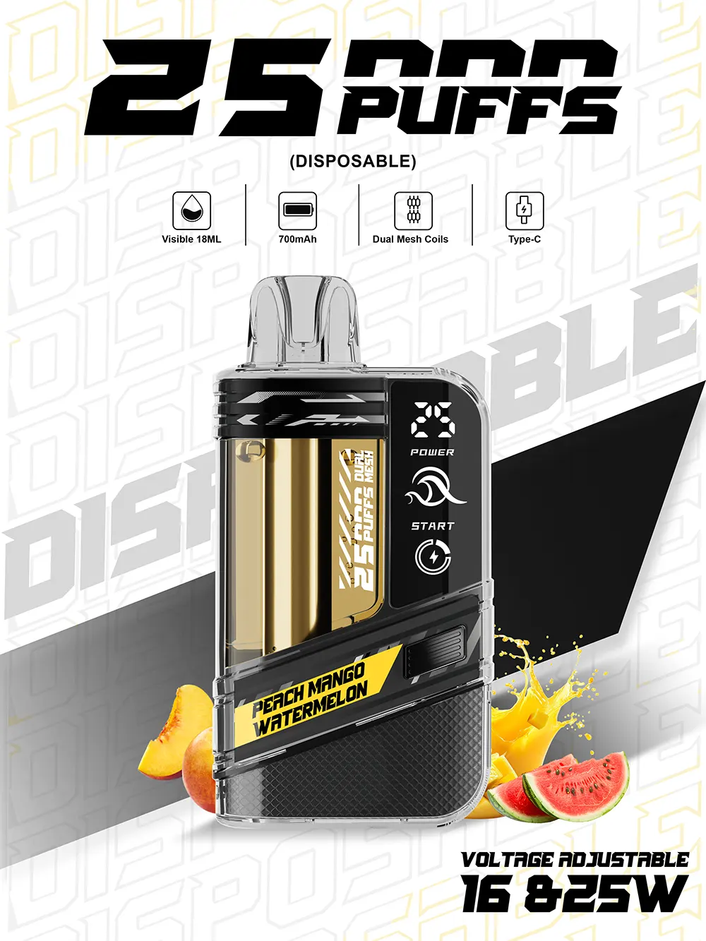 Crystal Dual Coil Disposable Vape Pod Prefilled 18ml 25,000 Puffs with RGB Battery Indicator