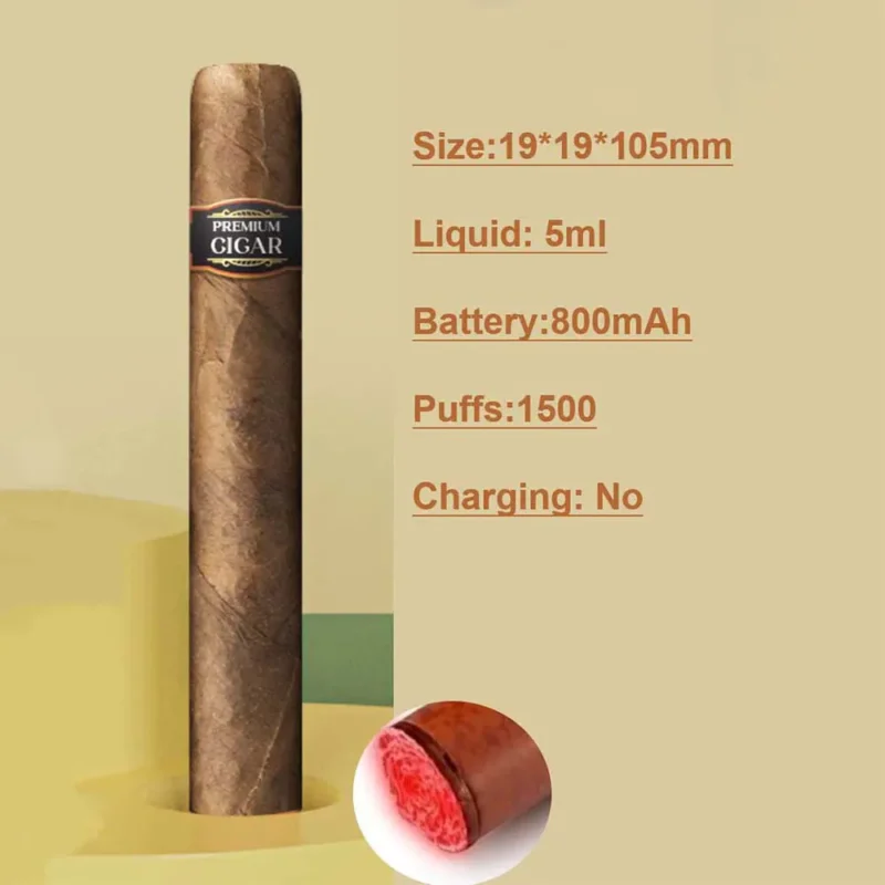 Vape desechable con forma de cigarro, 1500 bocanadas, precargado, 5 ml, batería de 800 mAh con luz LED simulada