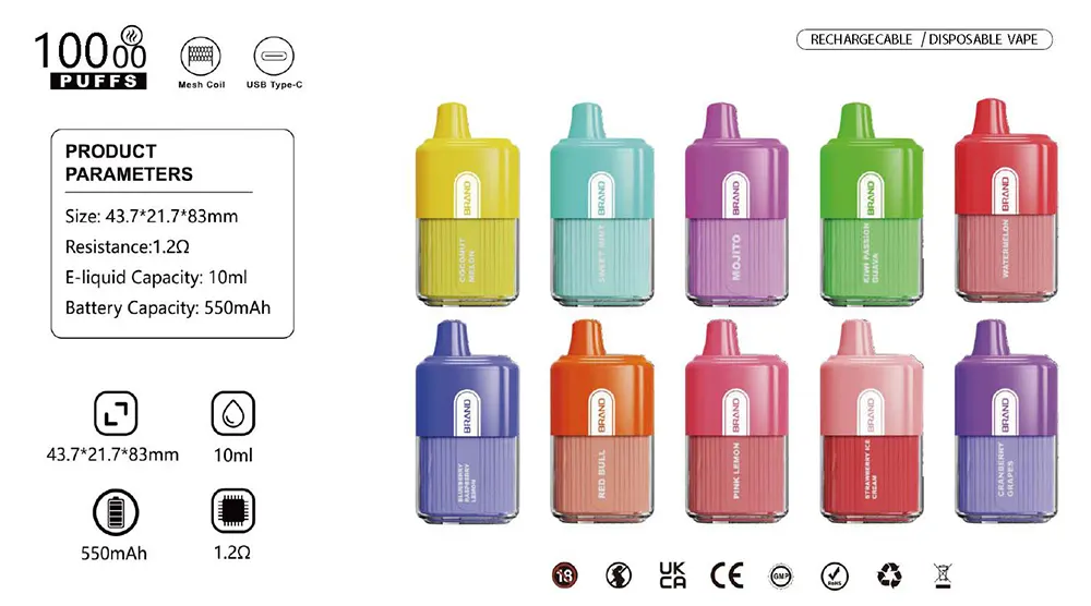 Colorful 10000 Puffs 550mAh Rechargeable Disposable Vape E-Cigarette 10ML E-liquid 1.2Ω Mesh Coil