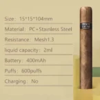 Electronic Cigar Style Disposable Vape 600 Puffs 2ML Capacity 400mAh Battery 1.3Ω Mesh Coil