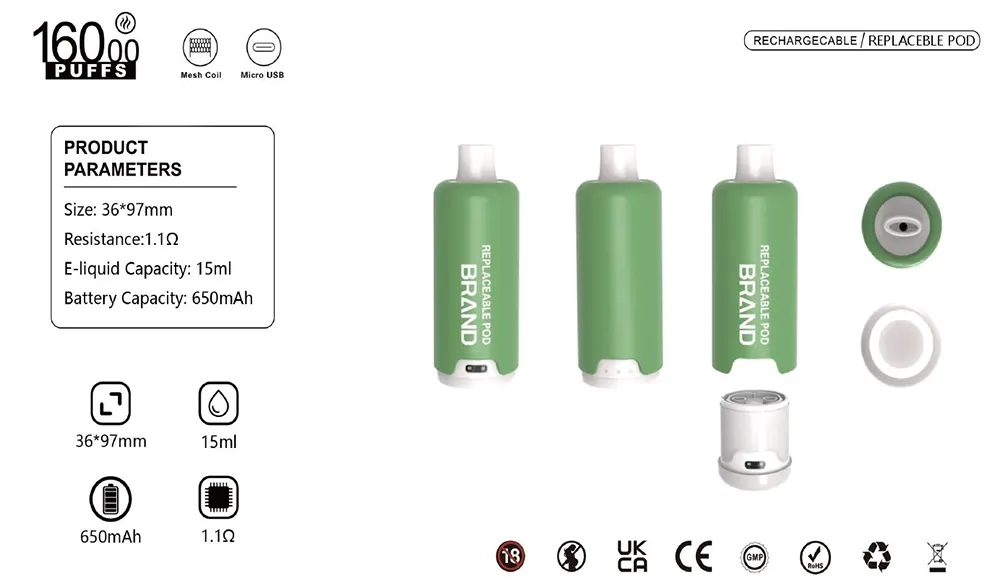High-Capacity 15ML E-liquid Long-Lasting Replaceable Vape Pod System 650mAh Battery 1.1Ω Mesh Coil