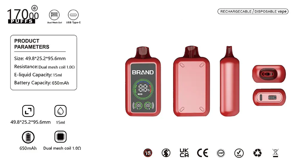 Massive 17000 Puff Rechargeable Disposable Vape 15ML Prefill  650mAh Battery 1.0Ω Mesh Coil
