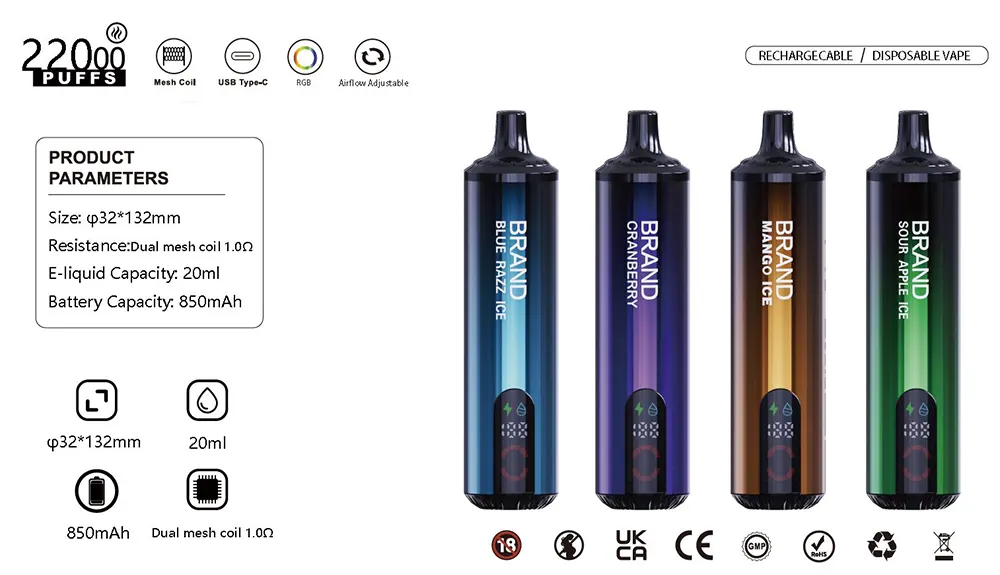 Ultimate 20ML High-Capacity Powerful Dual-Mesh Coil Rechargeable Disposable Vape with Vibrant RGB Glow 