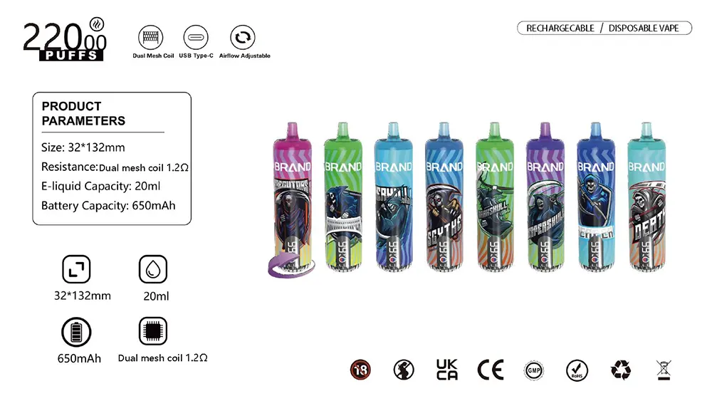 Ultra High-Capacity 22000 Puff Disposable Vape Massive 20ML E-Liquid Rechargeable 650mAh Battery
