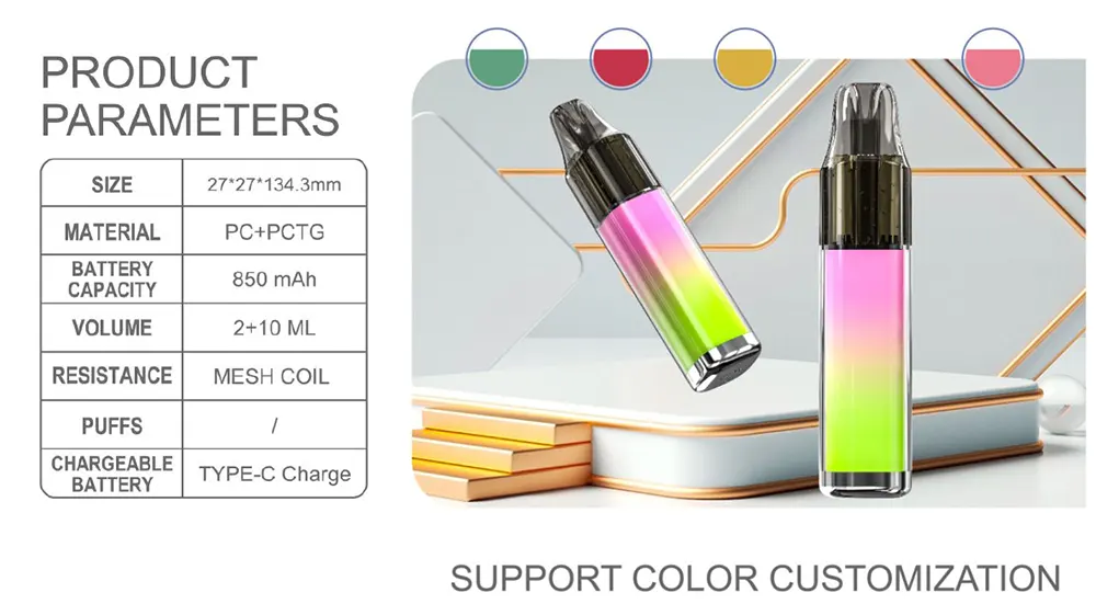    Compact 2+10ML Dual Tank Chamber Disposable Vape 850mAh Rechargeable Mesh Coil Leak-Resistant 