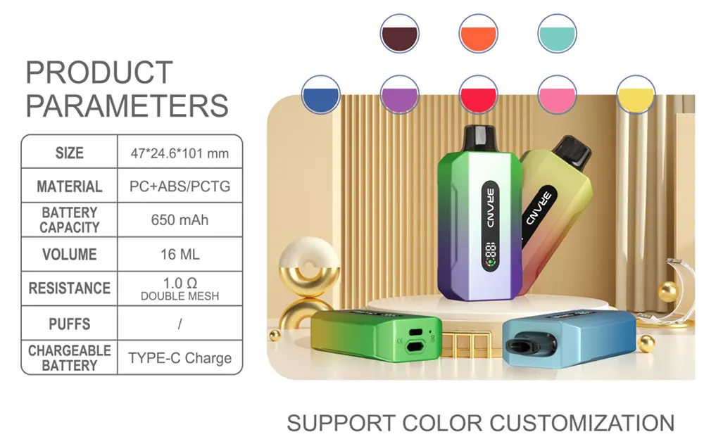   Modern Stylish Gradient 16ml Vape Device 650mAh Type-C Charging with Digital Display   