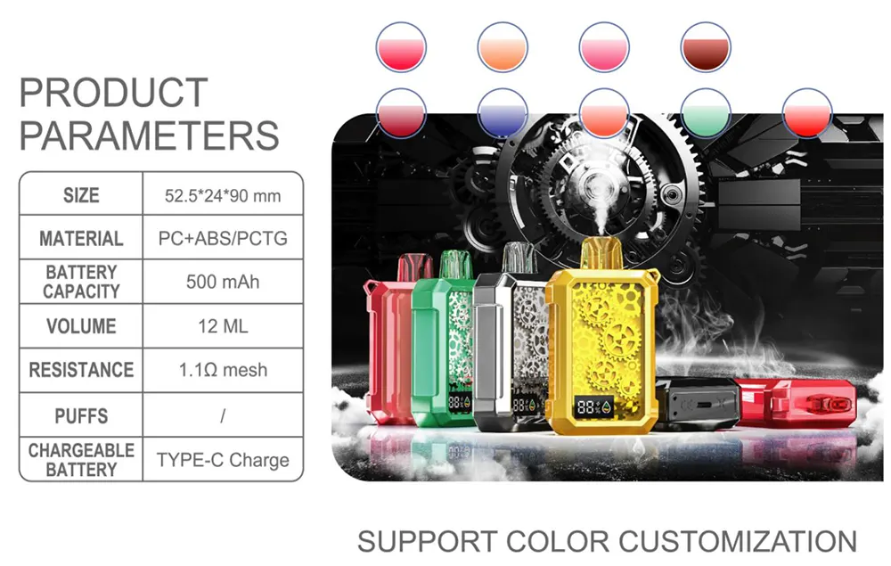   Modern Transparent Mechanical Gear 12ml Vape Device 500mAh Rechargeable Type-C Pod System  