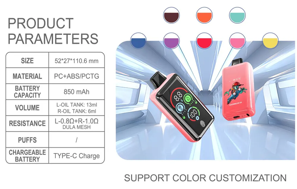   Premium 13ML+6ML Dual Tank Smart Vape System 850mAh Full Screen Monitoring Fingerprint Lock Adjustable Power  